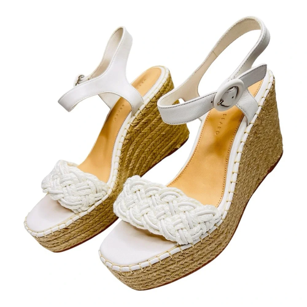 Veronica Beard Reema White Braided Ankle Strap Wedge Platform Espadrille Sandal